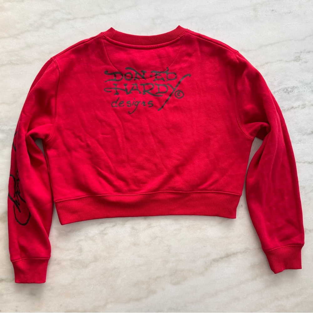 Ed Hardy Women's Red Cropped Graphic Sweatshirt Long Sleeve Casual Size M - Picture 9 of 11